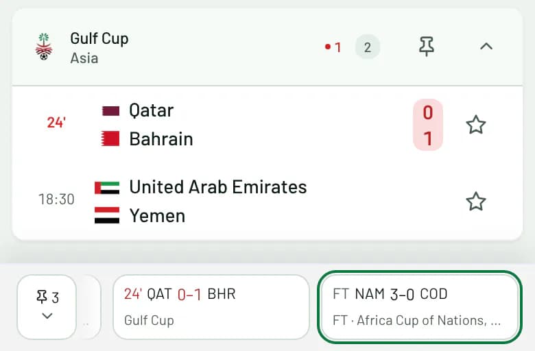 Livescore widget at phone width with pinned matches in a bottom tray of live chips showing the score and the minute