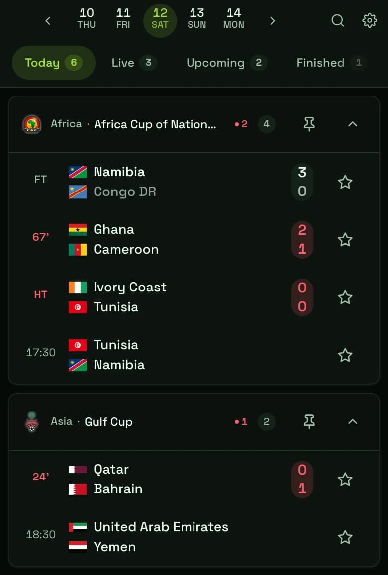 Livescore widget in a light modern template, showing live, finished and upcoming matches
