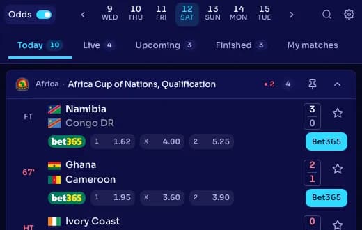 Livescore widget in the Champions League template, dark version