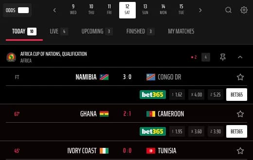 Livescore widget in the Juventus template, dark version