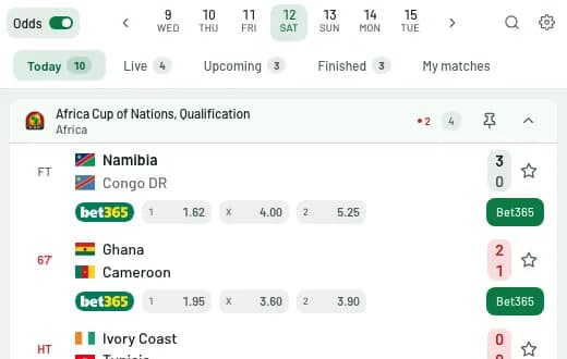Livescore widget in the Matchday template, light version