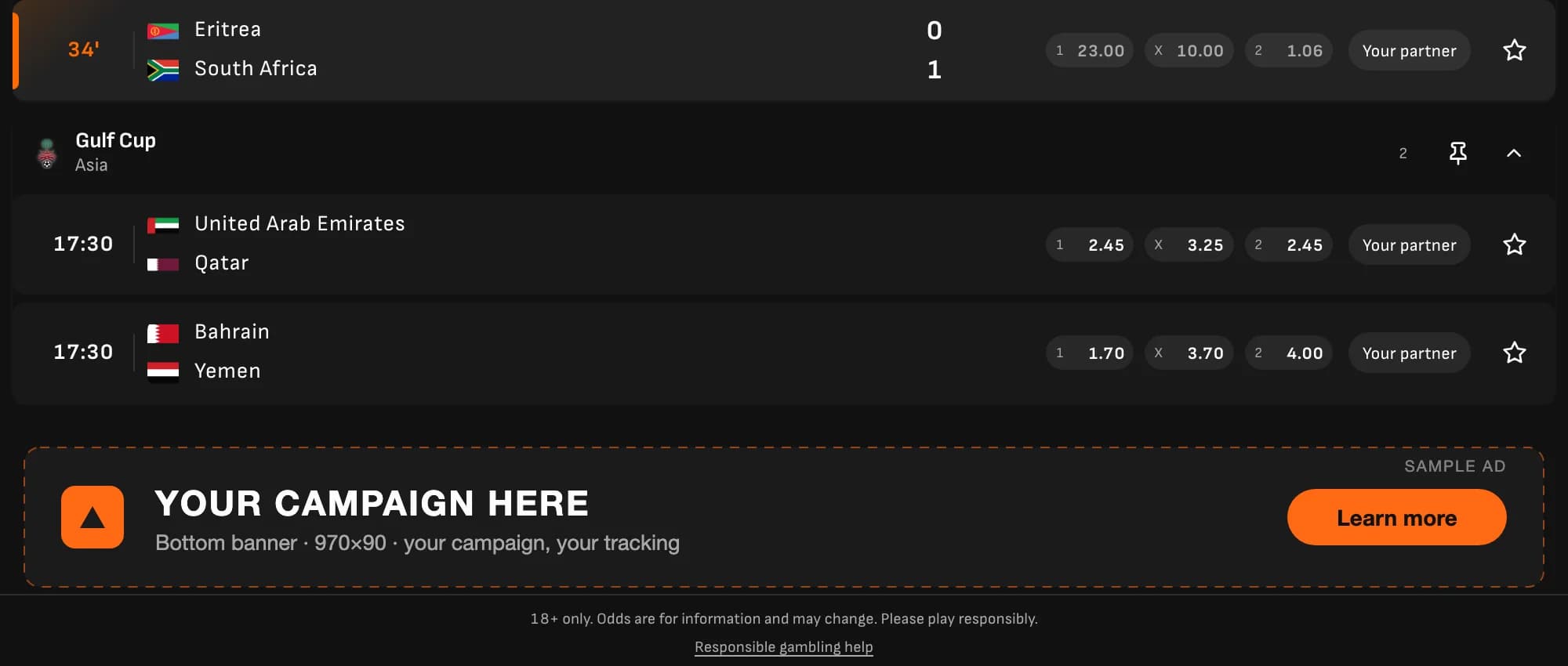 The bottom of the Livescore Widget Pro feed: national-team match rows with odds, a sample campaign banner slot and a responsible-gambling compliance notice.