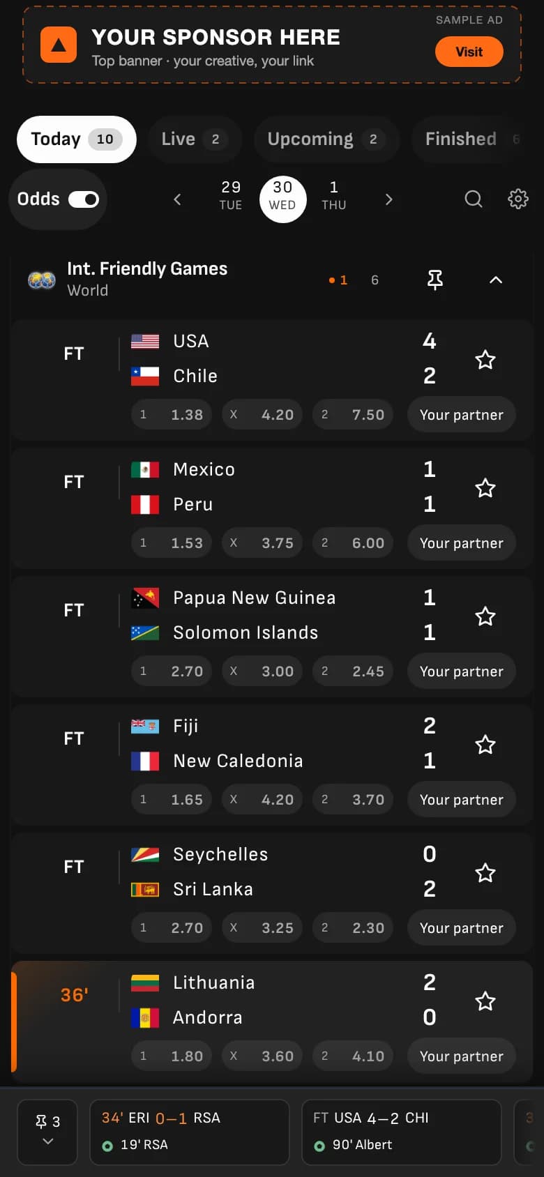 Livescore Widget Pro in the dark Kickoff theme: national-team live scores with bookmaker odds and "Your partner" affiliate buttons, and pinned matches kept on screen.