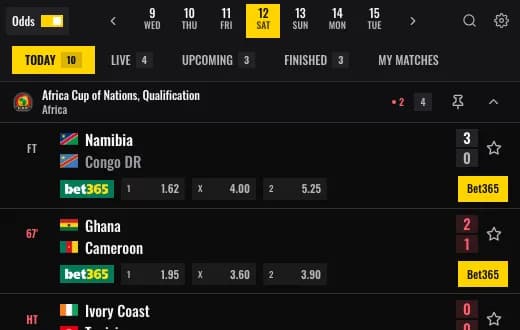 Livescore widget in the Derby template, dark version