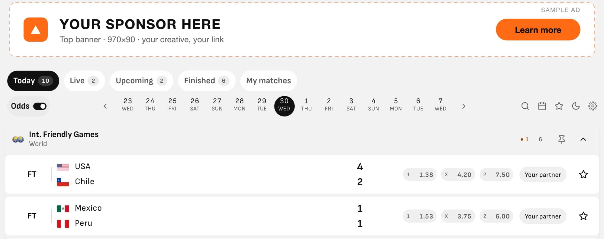 Close-up of Livescore Widget Pro in light mode: a sponsor banner slot above national-team match rows with bookmaker odds and affiliate buttons.